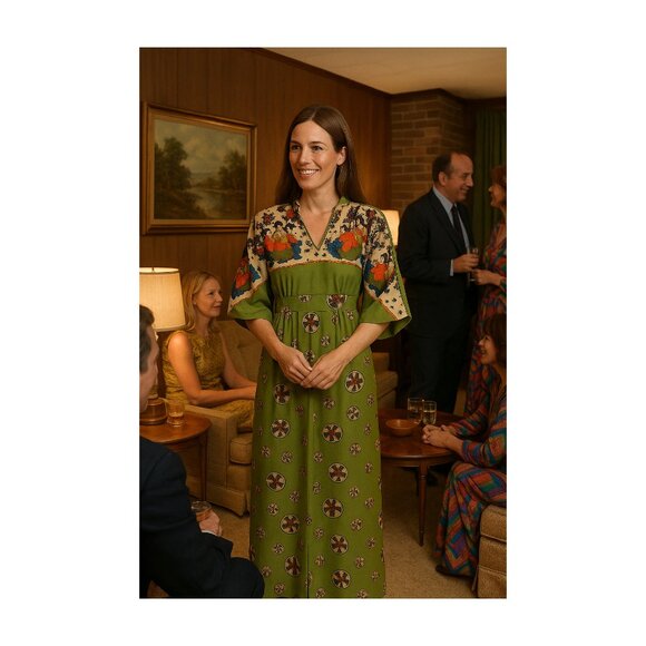 Vintage 60s Leslie Fay Original Maxi Dress – Japanese Art Print – Olive Green – - Picture 2 of 8